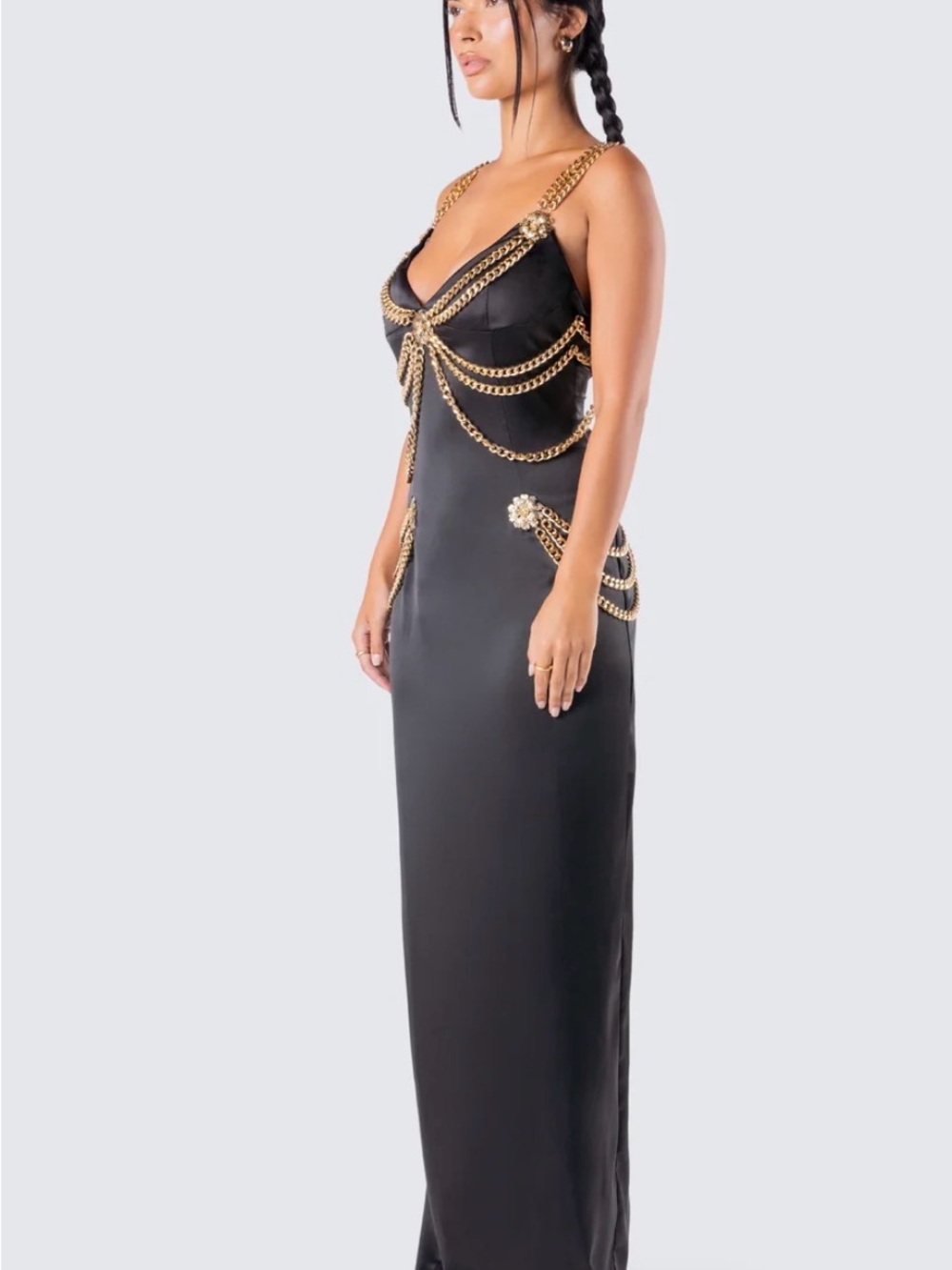 Finesse Black Satin Maxi Dress with Gold Chain Detailing